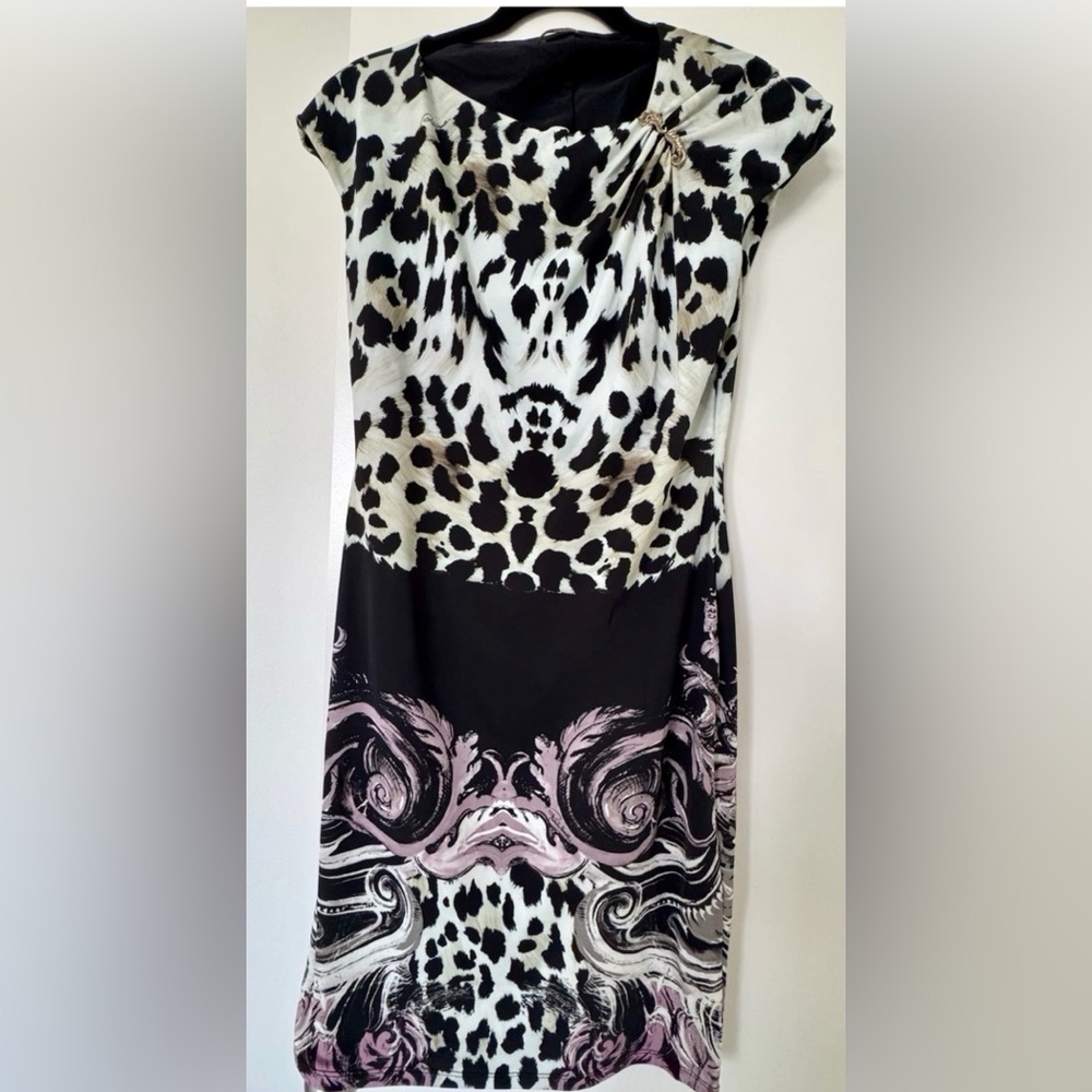 ROBERTO CAVALLI Chic Black and White Animal Print Dress touch of pink and gray